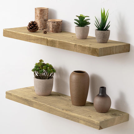 Acovy 8 INCH DEEP Rustic Reclaimed Barnwood Floating Shelves Wall Mounted, Wall Shelves with Invisible Bracket for Living Room, Bathroom, Bedroom and Kitchen, 24 Inch Width Set of 2, Natural