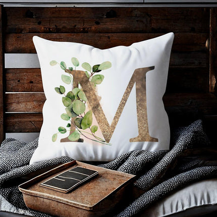 Yinrune Initial Letter M Monogram Pillow Case 26 Letters Gold Green Eucalyptus Leaves Alphabet Throw Pillow Cover Cushion Cover 24x24in Accent Pillowcase Gifts for Holiday Wedding Birthday