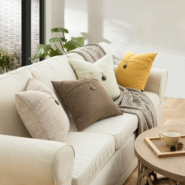 Phantoscope Pack of 2 Throw Pillow Covers Premium Coconut Button Vintage Linen Solid Decorative Pillow Cover for Couch Bed and Chair Mustard Yellow 20 x 20 inches 50 x 50 cm