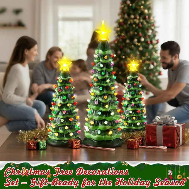 Set of 3 Ceramic Christmas Trees with lights, Pre-Lit Hand-Painted Tabletop Christmas Tree with Remote Control & Timer & Multicolored LED Lights, Vintage Xmas Decor Table Top Xmas Decor for Home,Green