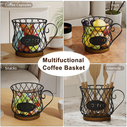 YINMIT K Cup Holder Organizer, Rustic Coffee Pod Holder Organizer, 35 Kcup Holder for Counter with Handle，Large Capacity Black Wire Coffee Capsule Basket for Kitchen Office Desktop (Circular Grid)