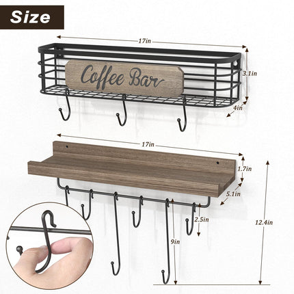Coffee Mug Holder Organizer 2 Pack with 12 Mug Hooks Mug Rack Wall Mounted with Coffee Bar Sign Farmhouse Coffee Accessories and Organizer with Metal Basket Floating Shelves for Wall Weathered Walnut
