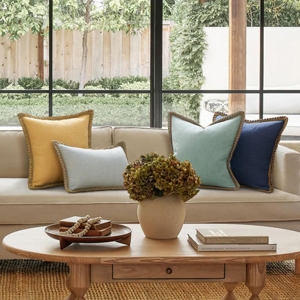 Phantoscope Pack of 2 Farmhouse Decorative Throw Decorative Pillow Cover Burlap Linen Trimmed Tailored Edges, Mustard Yellow, 18 x 18 inches, 45 x 45 cm