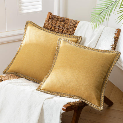 Phantoscope Pack of 2 Farmhouse Decorative Throw Decorative Pillow Cover Burlap Linen Trimmed Tailored Edges, Mustard Yellow, 18 x 18 inches, 45 x 45 cm