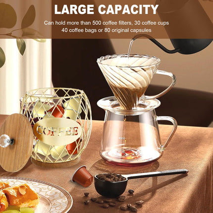 Coffee Pod Basket Holder Metal Coffee Pod Storage Basket with Dust Cover Hollow Design Coffee Pod Storage Container Large Capacity Sturdy Coffee Pod Organizer (golden)