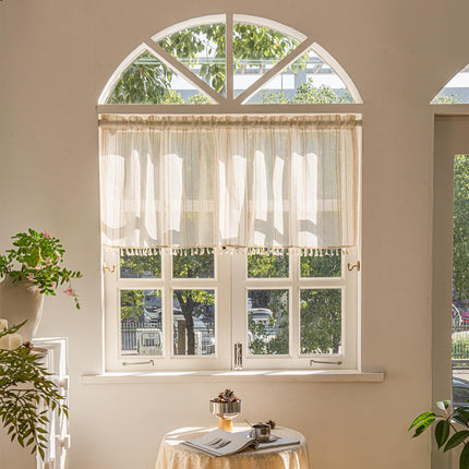 Deeprove Boho Textured Valance Tier, Neutral Bohemian Farmhouse Chic Kitchen Closet Textured Burlap with Tassels, Window Treatment Small Linen Stripe Curtain Wall Decor, 1 Panel 59" W x 24" L