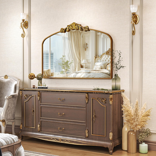 Vintage Arched Wall Mirror, 28"x 20" Bathroom Vanity Mirror with Carved Pattern Top and Aluminum Frame, Antique Decorative Mirror for Hanging or Leaning