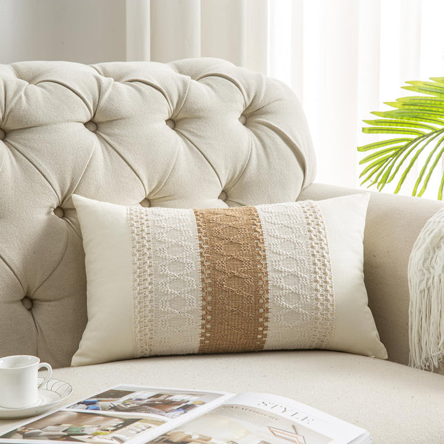 Mayler Yee Lumbar Throw Pillow Covers 12 x 20 Inch 1PC for Farmhouse Living Room, Cotton & Burlap Textured Striped Woven Boho Pillow Covers (Beige & Brown, Single Striped)