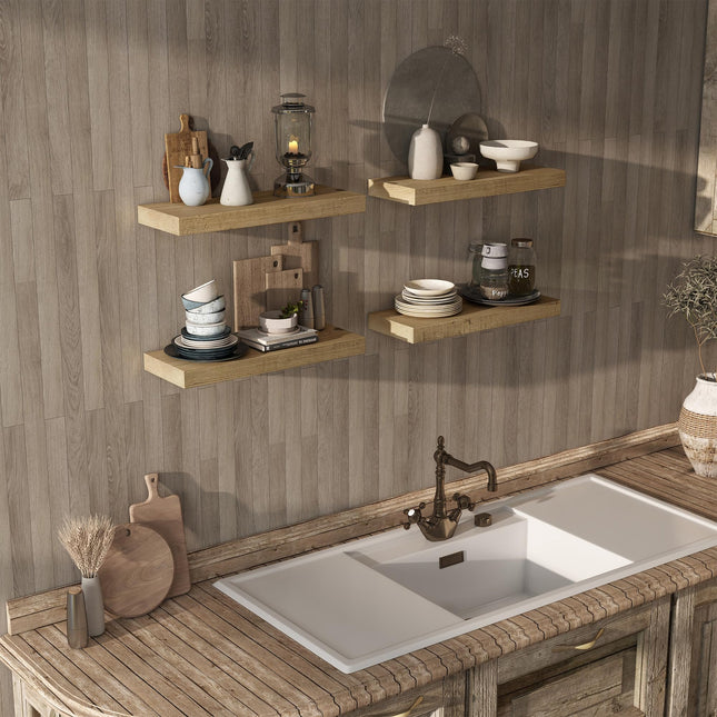 Acovy 8 INCH DEEP Rustic Reclaimed Barnwood Floating Shelves Wall Mounted, Wall Shelves with Invisible Bracket for Living Room, Bathroom, Bedroom and Kitchen, 24 Inch Width Set of 2, Natural