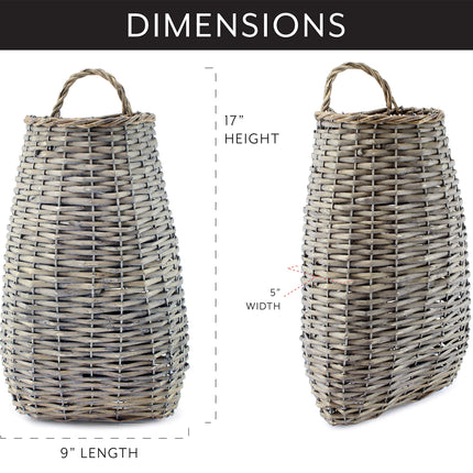 AuldHome Design Wall Hanging Pocket Basket; Woven Wicker Rustic Farmhouse Gray Washed Long Basket; 17 x 9 x 5 Inches