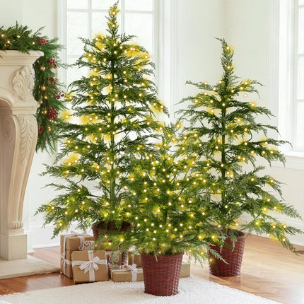 Cinnvoice Set of 3 2ft 3ft 4ft Pre-lit Twinkle Christmas Cypress Tree with 180 LED Light Realistic Artificial Trees with Woven Basket Base Xmas Holiday Decor for Indoor Living Room Home (Cypress Tree)