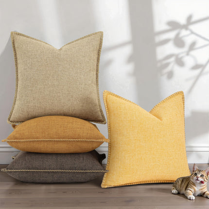 decorUhome Decorative Outdoor Throw Pillow Covers 18x18 Set of 2, Square Linen Rustic Neutral Farmhouse Euro Pillow Covers with Stitched Edge for Couch, Sofa, Living Room, Mustard Yellow