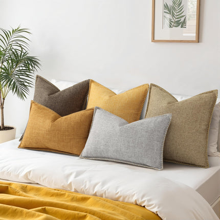 decorUhome Decorative Outdoor Throw Pillow Covers 18x18 Set of 2, Square Linen Rustic Neutral Farmhouse Euro Pillow Covers with Stitched Edge for Couch, Sofa, Living Room, Mustard Yellow