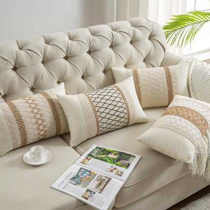 Mayler Yee Lumbar Throw Pillow Covers 12 x 20 Inch 1PC for Farmhouse Living Room, Cotton & Burlap Textured Striped Woven Boho Pillow Covers (Beige & Brown, Single Striped)