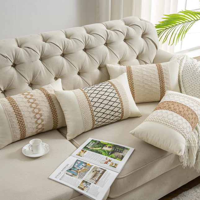 Mayler Yee Lumbar Throw Pillow Covers 12 x 20 Inch 1PC for Farmhouse Living Room, Cotton & Burlap Textured Striped Woven Boho Pillow Covers (Beige & Brown, Single Striped)