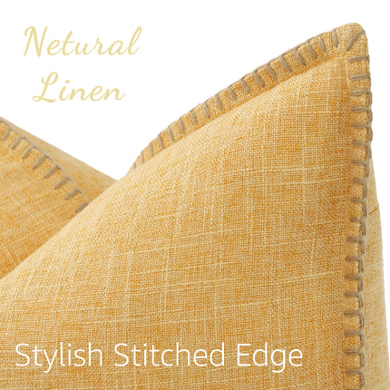 decorUhome Decorative Outdoor Throw Pillow Covers 18x18 Set of 2, Square Linen Rustic Neutral Farmhouse Euro Pillow Covers with Stitched Edge for Couch, Sofa, Living Room, Mustard Yellow